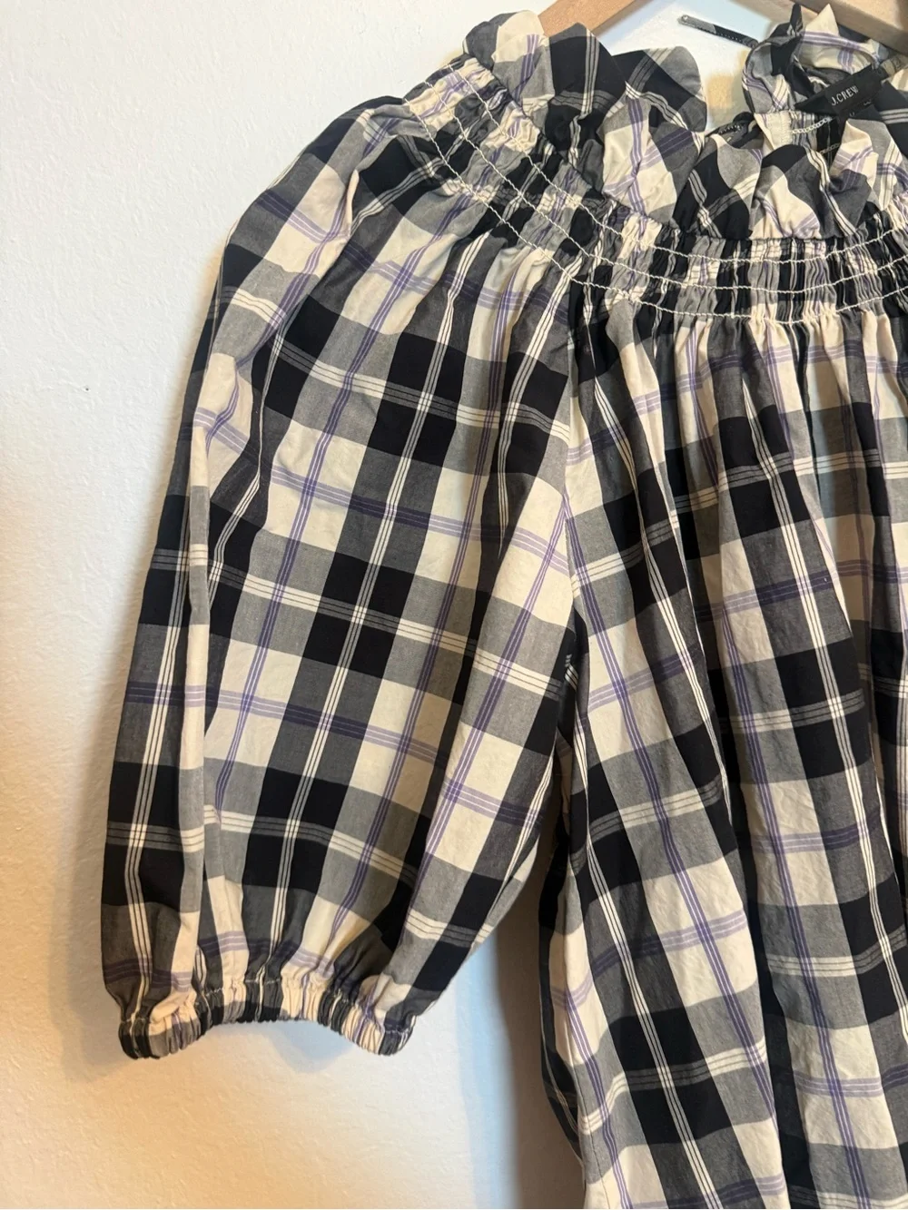 J. Crew Smocked-neck puff-sleeve‎ top in Friday plaid